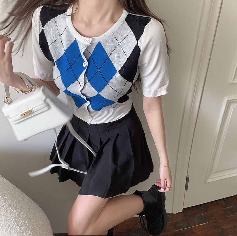 SUXI Áo Sơ Mi Ngắn Tay Họa Tiết Ca Rô Phong Cách Hàn Quốc Dành Cho Nữ