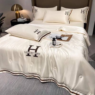 Bộ chăn ga Phi Lụa thêu chữ H, set Chăn hè trần mềm mịn 4 món