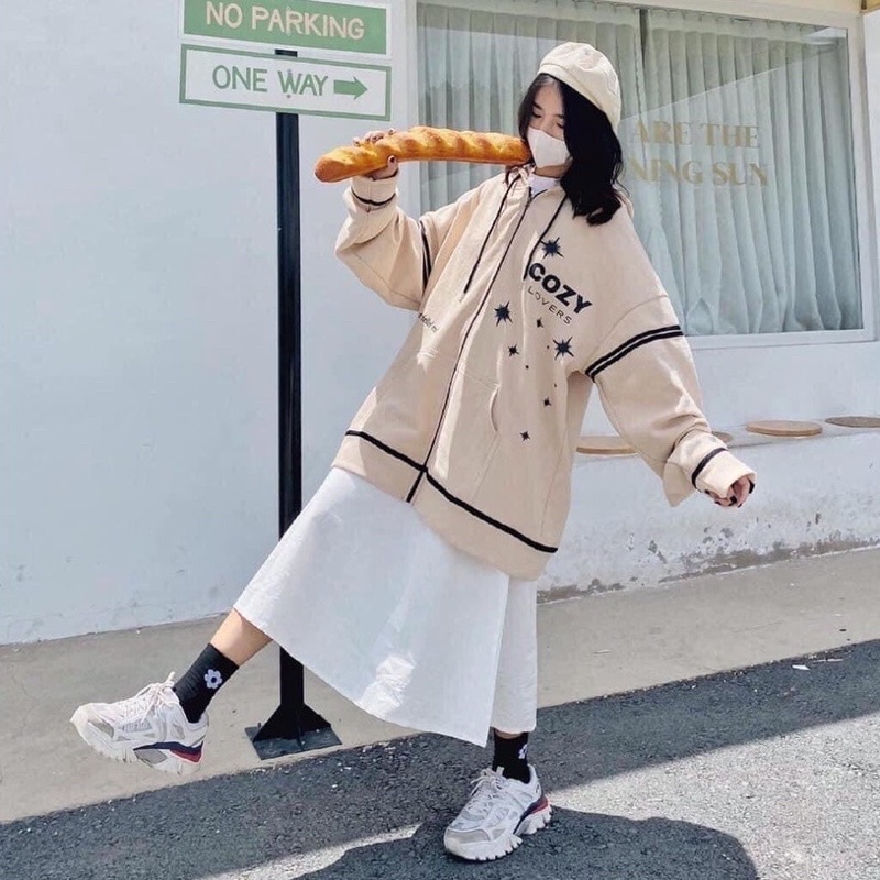Áo hoodie nữ nỉ form rộng có khóa kéo COZY01 phối sọc đen chất nỉ ngoại unisex nam nữ phong cách ulzzang