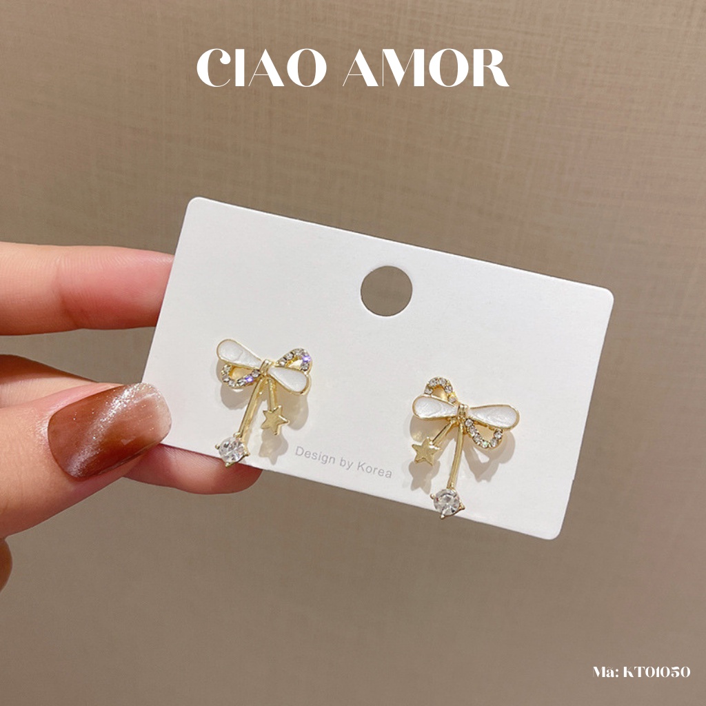 KT0149-Khuyên tai nữ, hoa tai ngắn nơ xà cừ dễ thương Trang sức Ciao Amor