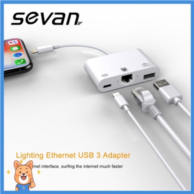  Hub OTG 3 trong 1 cổng Lightning + USB A + RJ45 Ethernet LAN dành cho iPhone iPad