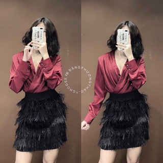 Áo sơ mi lụa cổ chéo