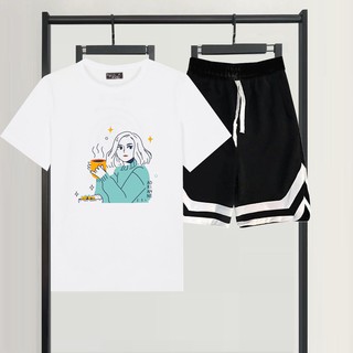 Sét Bộ Đùi Mùa Hè Thời Trang Nữ In Cô Bé Chibi Cầm Tách Trà Mặc Đi Chơi Siêu Xinh, Mặc Ở Nhà, Áo Cotton Organic Kèm Quần