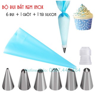 Bộ 6 Đui bắt kem inox gồm Chốt và Túi bắt kem Silicon - Máy móc pha chế giá sỉ TM
