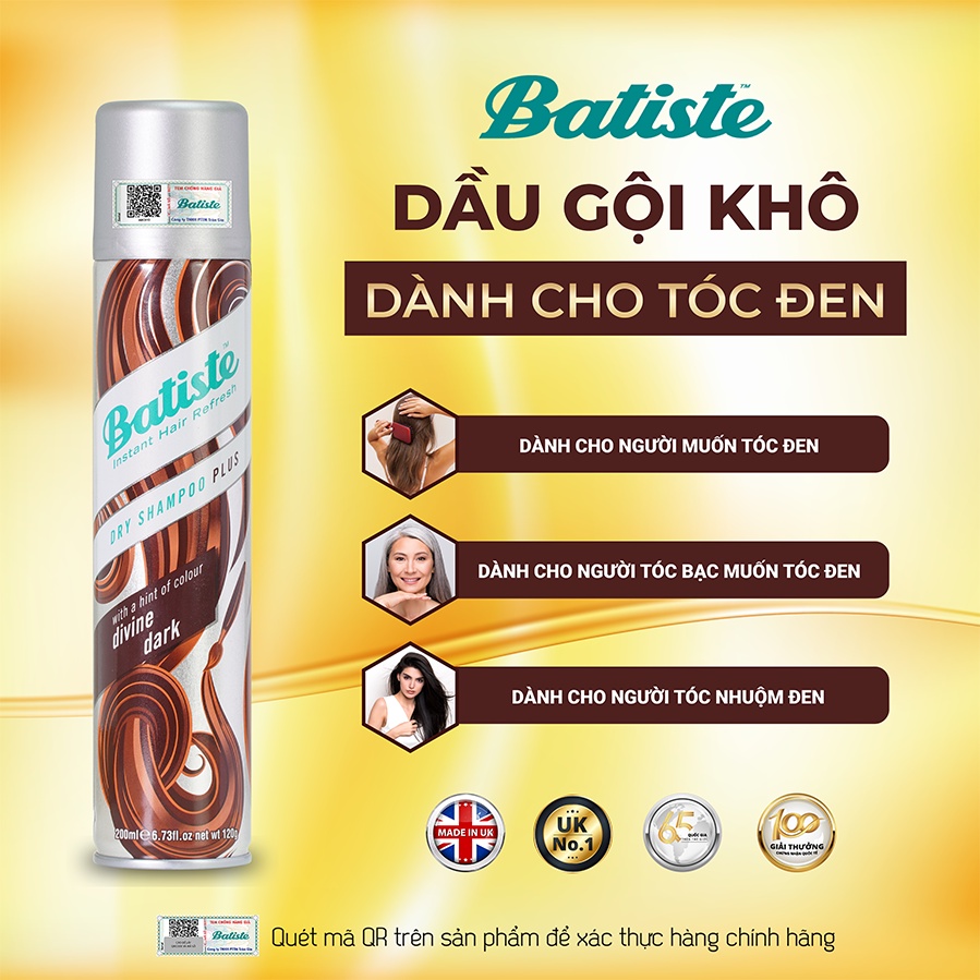 Dầu Gội Khô Batiste Cho Tóc Đen - Batiste Dry Shampoo Plus With A Hint Of Colour Divine Dark 200ml