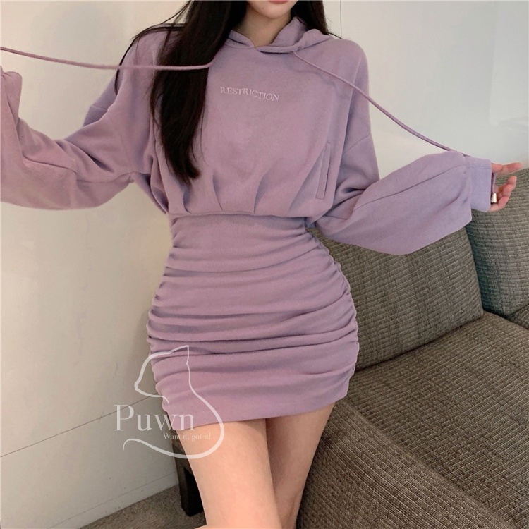 Váy Hodies mũ tai mèo, bó eo rút 2 bên màu tím dễ thương năng động Puwn Shop