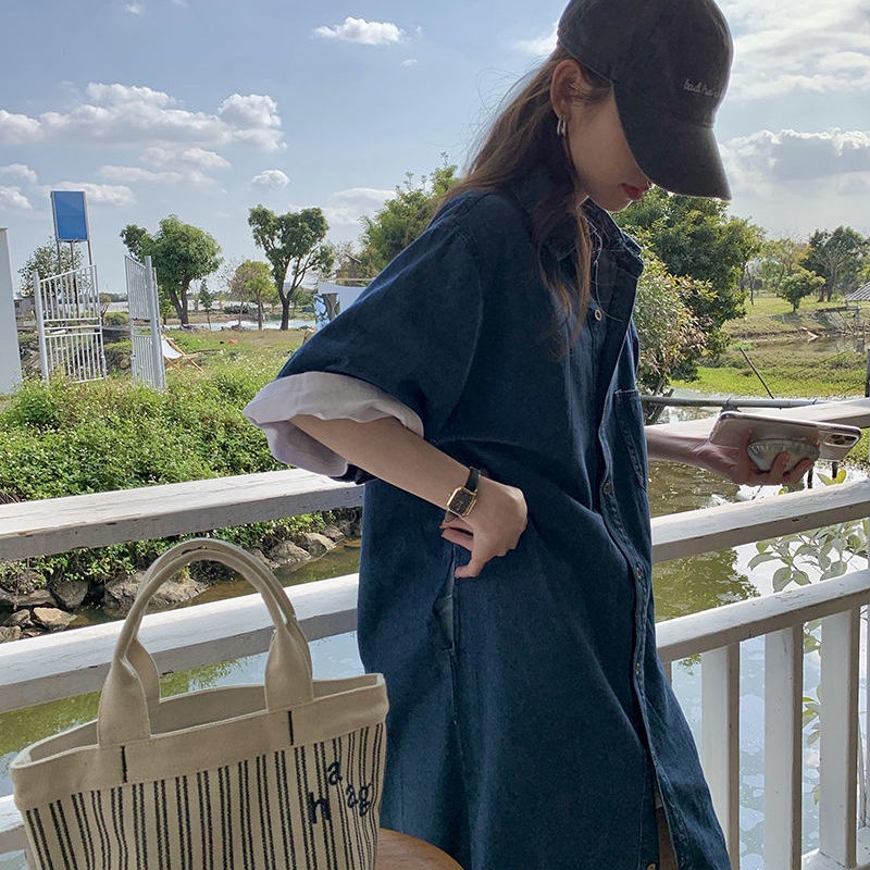 Đầm midi denim Cổ polo Dáng Rộng Đơn Giản Thời Trang Hàn Quốc