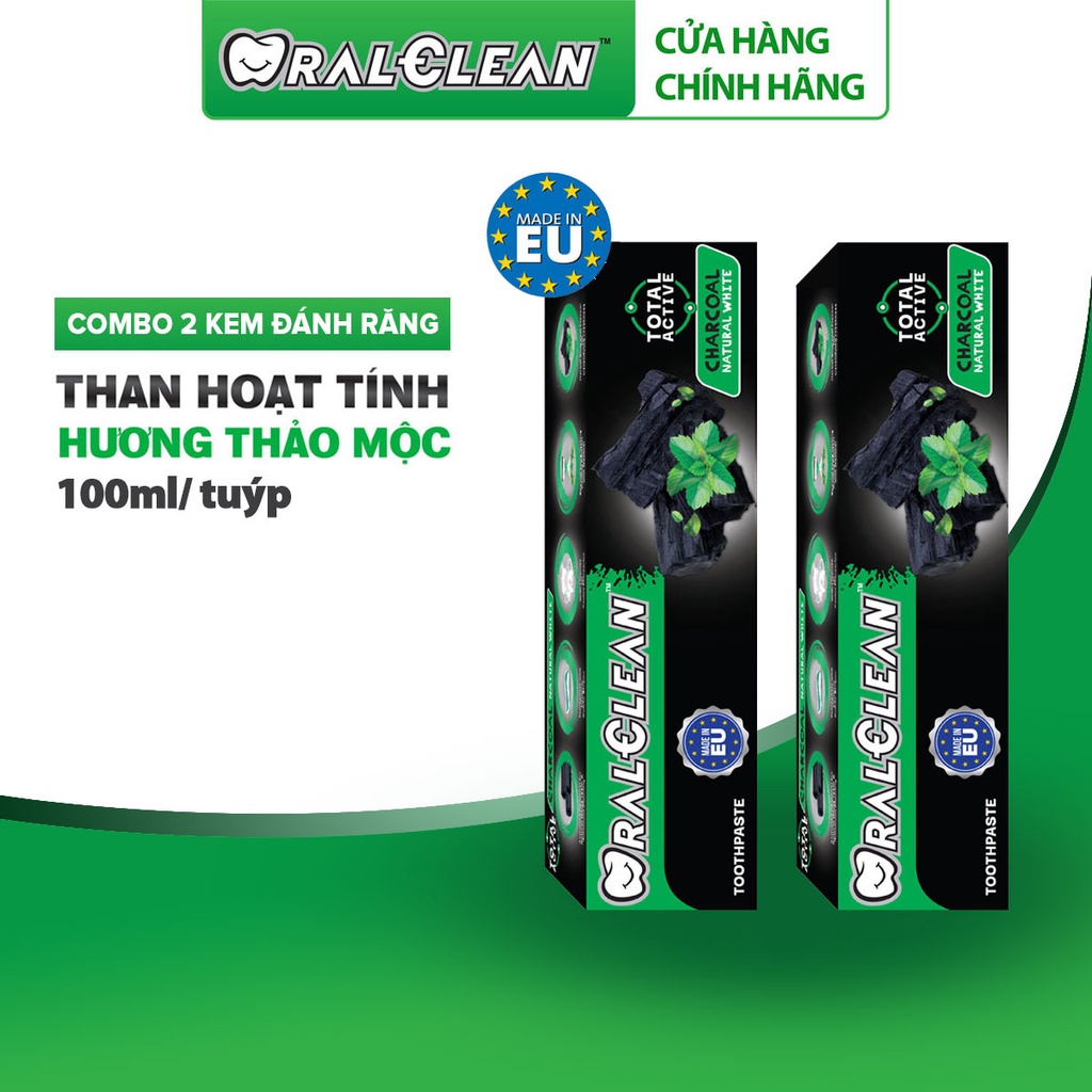 Combo 2 kem đánh răng Oral-Clean Total Active Charcoal Natural White (100ml/tuýp)