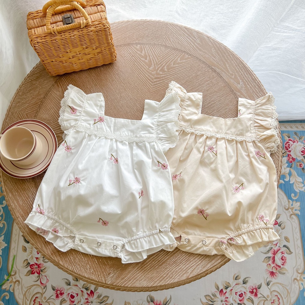Áo Liền Quần Cổ Vuông Bằng Cotton Thêu Ren Dễ Thương Dành Cho Bé