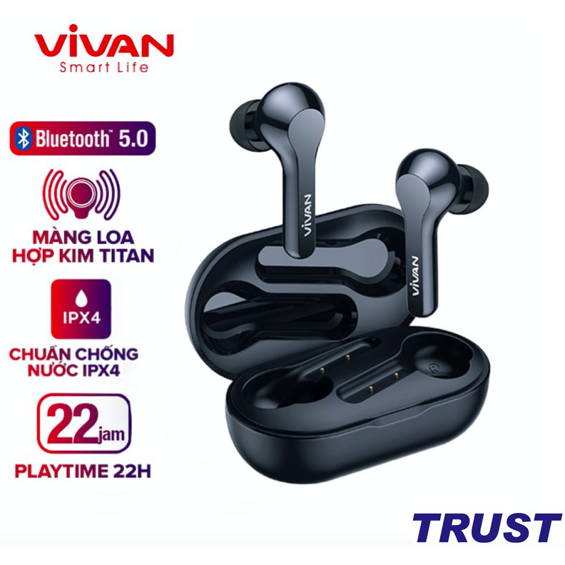 Tai Nghe Không Dây Bluetooth 5.0 VIVAN T200 True Wireless Chống Nước IPX4 Cảm Ứng Thông Minh Playtime Đến 22H Chính Hãng