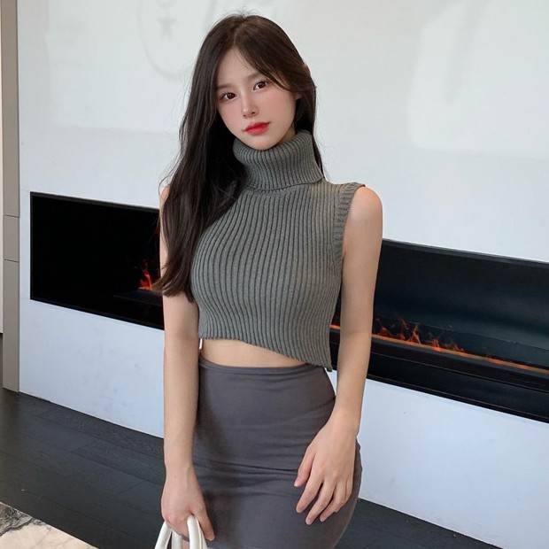 QADCOL Áo Croptop Dệt Kim Cổ Cao Ôm Dáng Thời Trang Cho Nữ