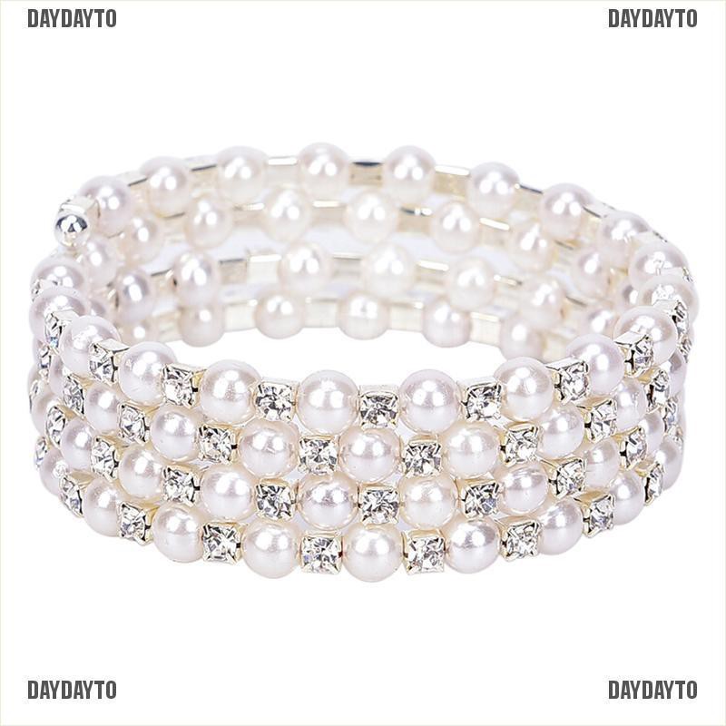 Vòng đeo tay co giãn nhiều lớp bằng ngọc trai pha lê lấp lánh