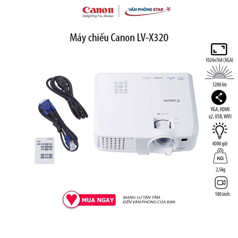 MÁY CHIẾU CANON LV-X320, Độ tương phản 10.000 - 1, Độ sáng 3200 Ansi Lumens, Độ phân giải XGA (1024x768) 180 inch