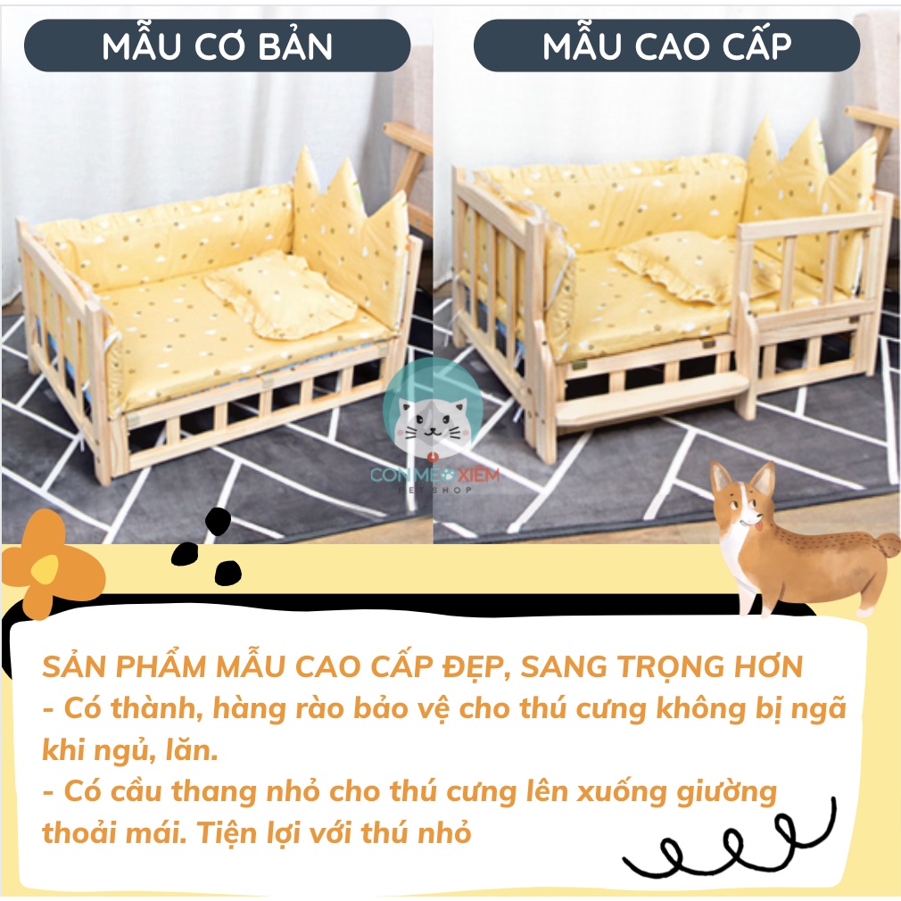 Giường chó mèo bằng gỗ cao cấp, đệm thảm gối drap giường nhiều mẫu, nội thật cho thú cưng Con Mèo Xiêm