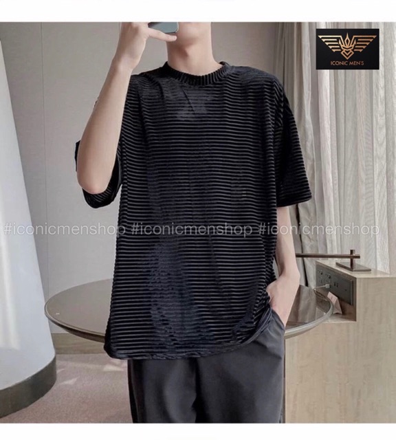Áo thun nhung nam fom rộng sọc gân