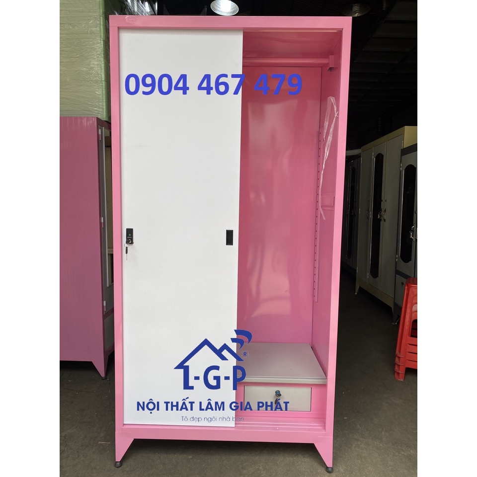 Tủ sắt cửa lùa 2 cánh sơn tĩnh điện màu hồng mới