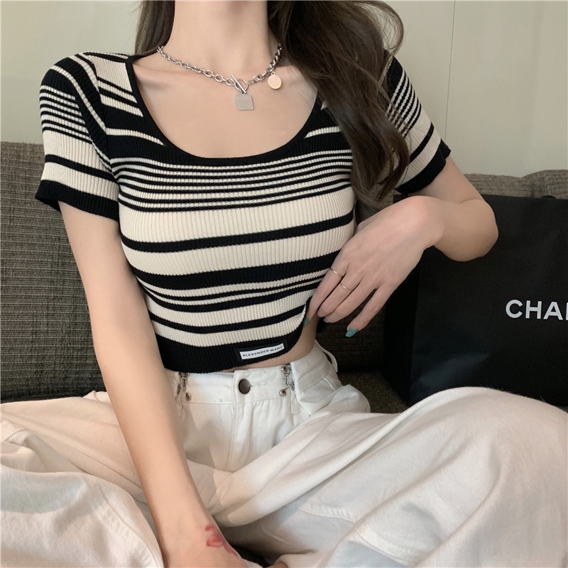 NUZIRO  Áo kiểu tay ngắn/ Áo kiểu hai dây  họa tiết kẻ sọc ngang thời trang dành cho nữ