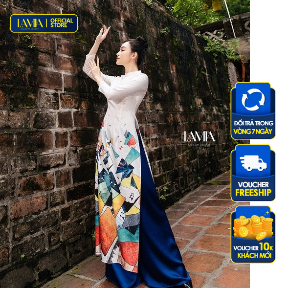 Áo dài truyền thống Lamia Design AD077 lụa vân gấm màu trắng họa tiết hình khối trừu tượng