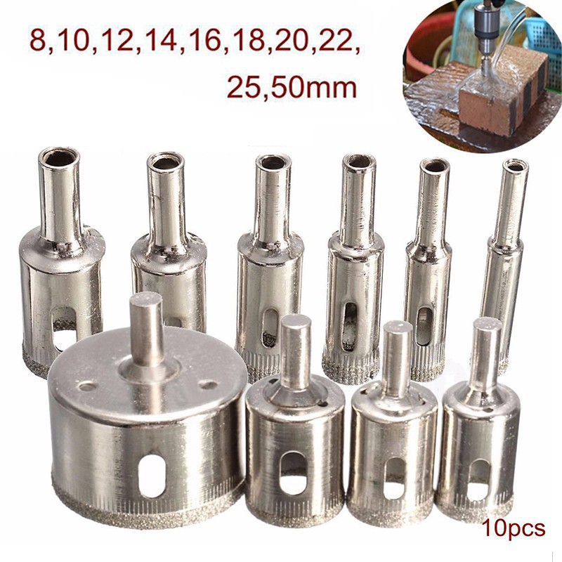 Set 10 mũi khoét lỗ kim cương trục tròn dùng cho các vật dày 8mm-50mm như đá bếp, gốm, sứ, đá cẩm thạch