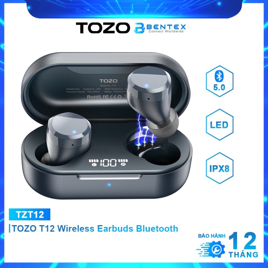 Tai Nghe Bluetooth Không Dây TWS TOZO T12 Chống Ồn Chống Nước IPX8, Hộp Sạc Màn Hình LED Thông Minh, Mic Âm Trầm Cao Cấp