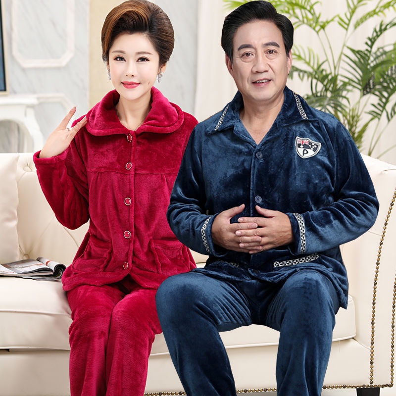 ☃ Đồ ngủ bằng vải nỉ dày cho người trung niên và người già phụ nữ mùa thu và mùa đông ấm áp bà nội san hô lông cừu dịch