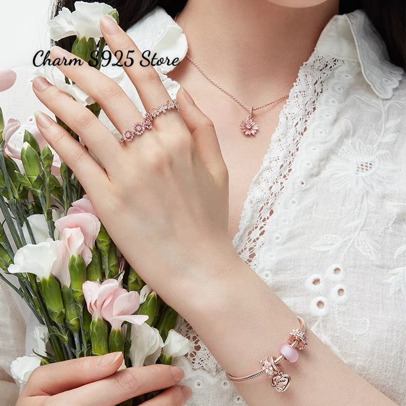 combo dây chuyền + 1 mặt charm pan hoa cúc hồng bạc s925 cao cấp