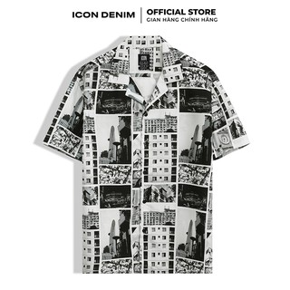 Áo Sơ Mi Tay Ngắn ICON DENIM Cổ Danton Họa Tiết Sài Gòn In Trắng Đen Vải Chun Chéo Mềm Mát