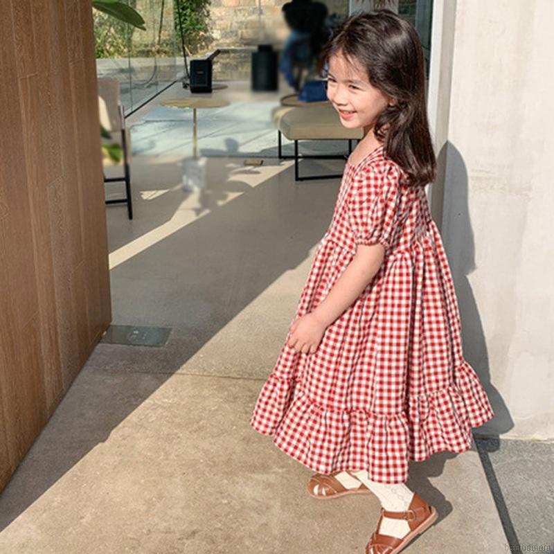 Đầm công chúa tay ngắn kẻ sọc caro xinh xắn cho bé gái