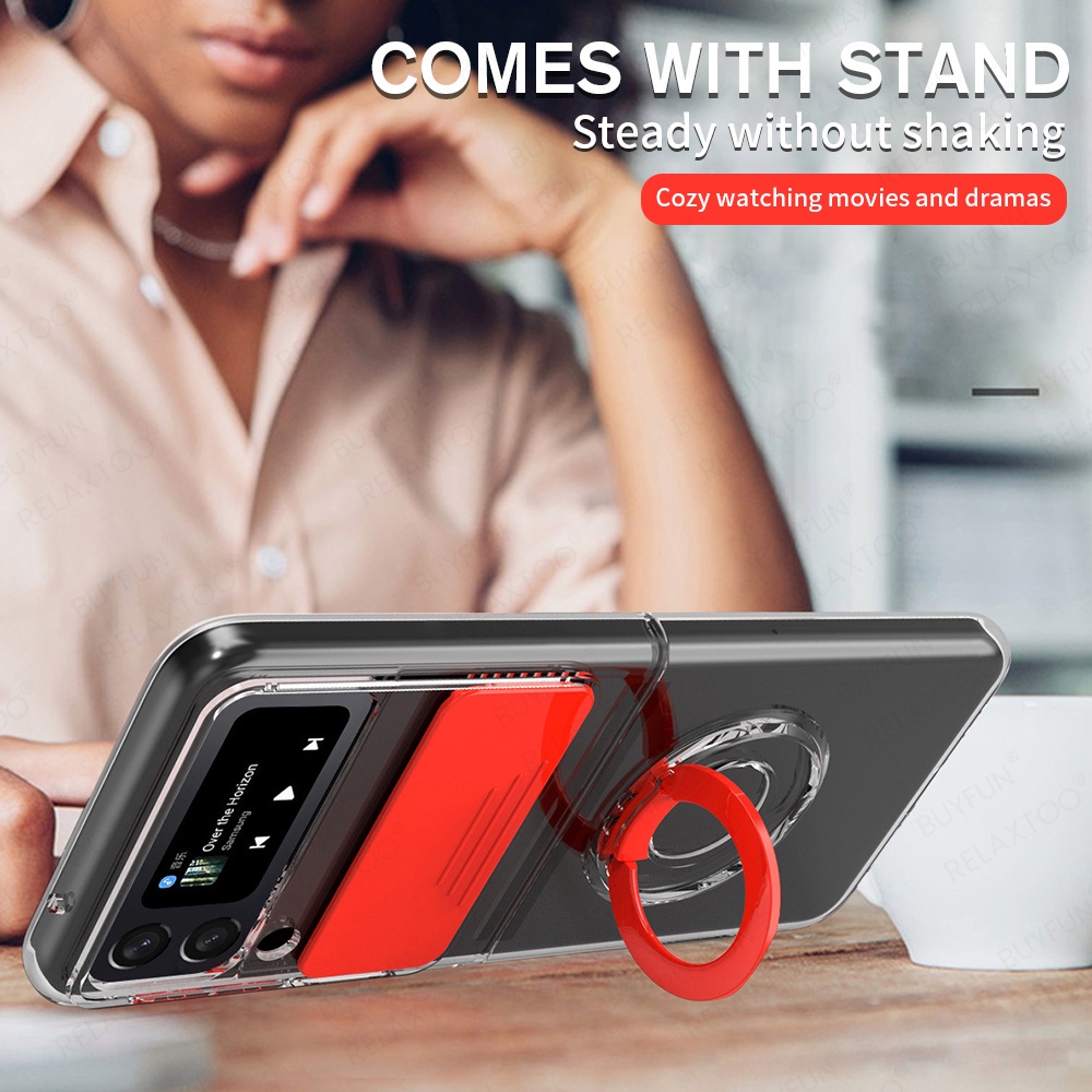 Ốp điện thoại mềm trong suốt chống sốc có nắp đẩy che camera và giá đỡ nhẫn cho Samsung Galaxy Z Flip3 5G/ Zfold 3