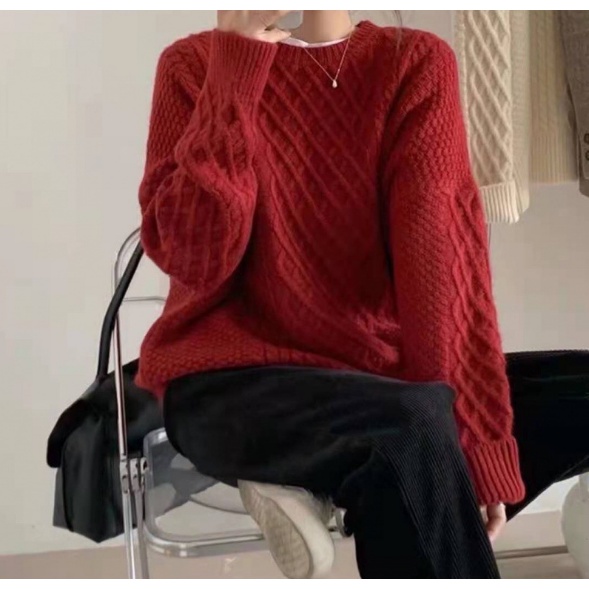 Áo len nữ phom dáng rộng chất dày cổ tròn chui đầu phong cách Hàn hàng Quảng Châu