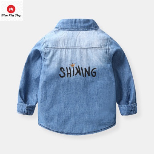 Áo sơ mi jean denim dài tay bé trai cao cấp, áo sơ mi thời trang cho bé trai hình khủng long cho bé 1 tuổi đến 8 tuổi