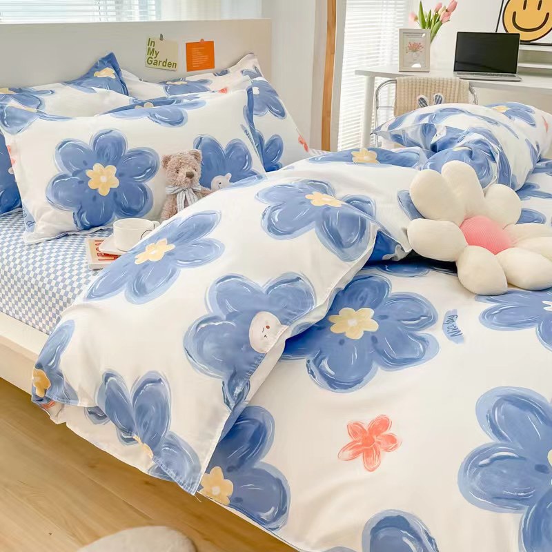 Chăn ga gối cotton poly cao cấp HT Home Hoa xanh miễn phí bo chun drap giường cho mọi kích thước ga trải giường