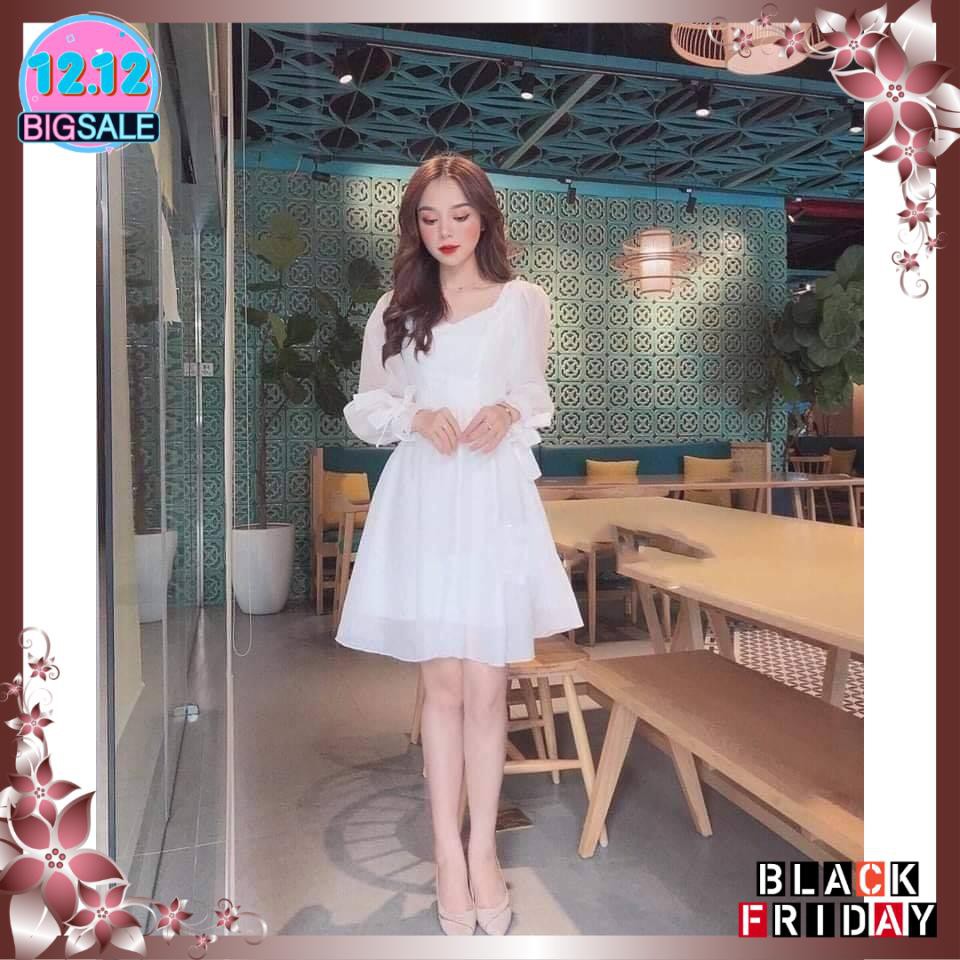 Đầm trắng dáng xòe cổ vuông phối nút bọc tay nơ [KÈM ẢNH THẬT] | BigBuy360 - bigbuy360.vn