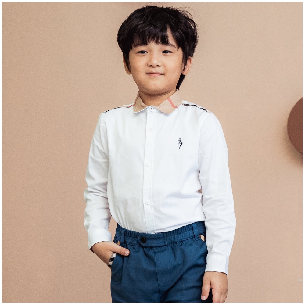 Áo sơ mi trắng dài tay 137KIDS chất cotton cổ burberry sang chảnh cho bé trai