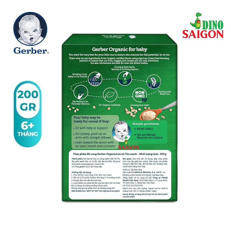 Bột Ăn Dặm Gerber Organic Hộp 200g Vị Yến Mạch và Lúa Mỳ