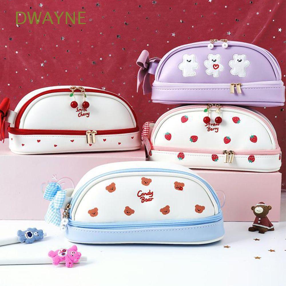 Túi đựng bút da pu dày hai lớp in hình trái dâu tây/cherry nhiều màu tùy chọn kawaii sức chứa lớn dành cho học sinh