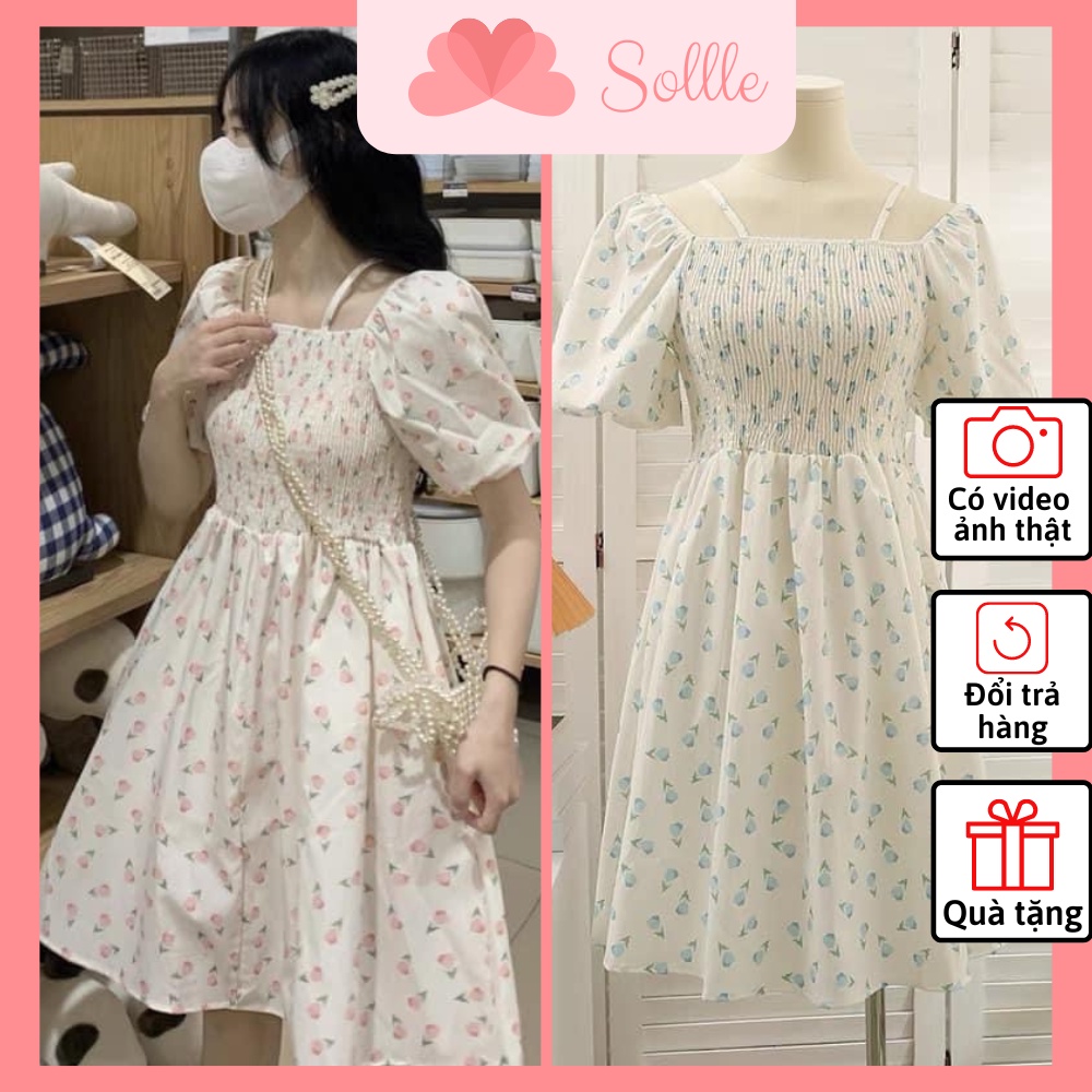 Đầm babydoll váy hoa nhí trễ vai tay bồng chun ngực dáng xòe ulzzang mặc 2 kiểu Hàn Quốc Sollle