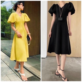 Đầm cổ v tay phồng 2 màu