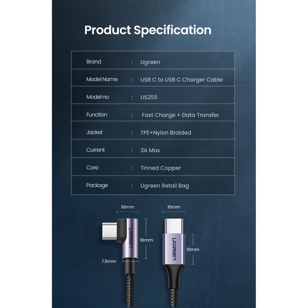 Cáp PD chuyển đổi cổng USB Type C sang USB C UGREEN chất lượng cao
