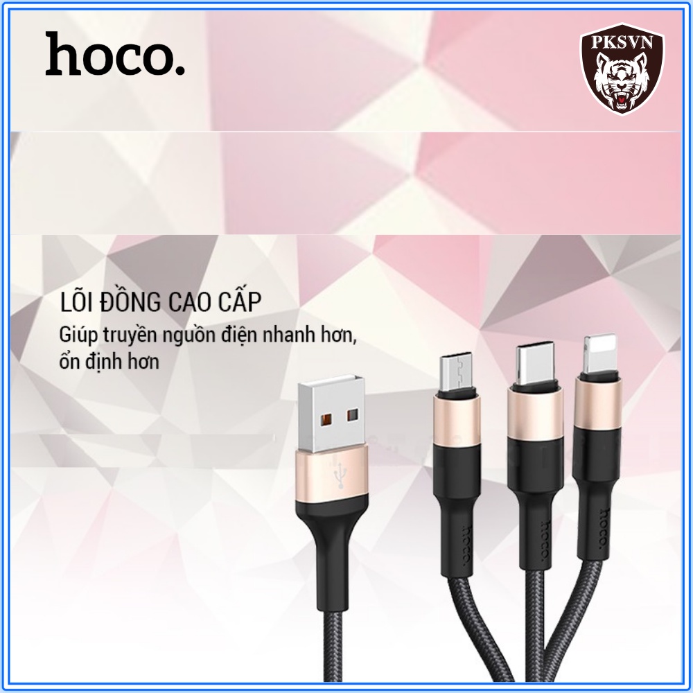 Cáp Sạc 3 Đầu Hoco X26 Cho ip/Micro USB/Type C-Dây Sạc Đa Năng Dây Dù Chống Đứt Dài 1M-Bảo Hành 12T