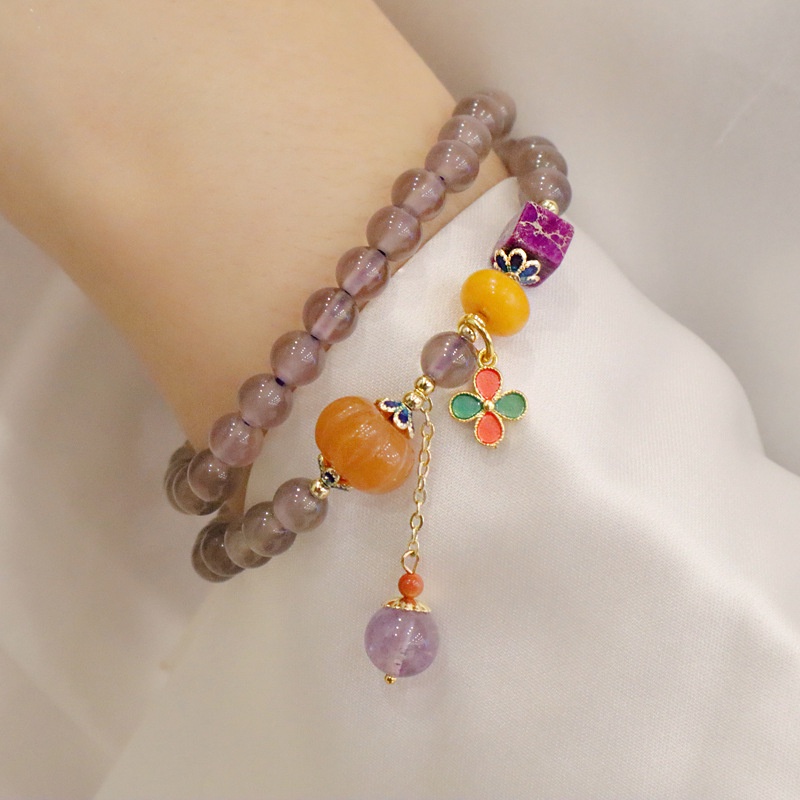 [Hàng Mới] Vòng Tay Mã Não Xám Phong Cách Trung Hoa Cổ Điển Mặt Cỏ Bốn Lá Và Cỏ Bốn Lá