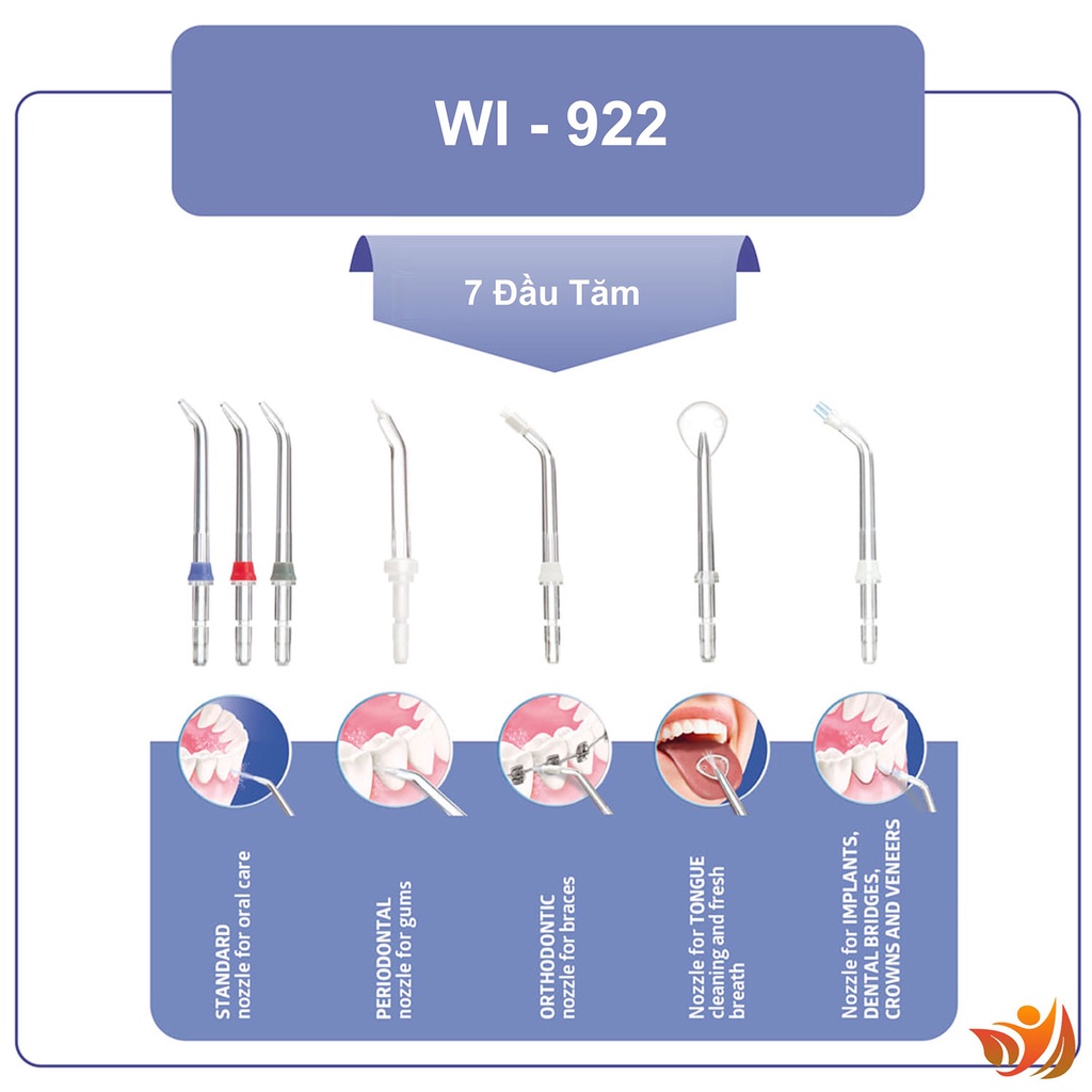 Máy tăm nước gia đình b.well wi 922 combo + 3 đầu tăm, tăm nước vệ sinh răng thụy sĩ cao cấp 7 đầu tăm - bwell y tế 360