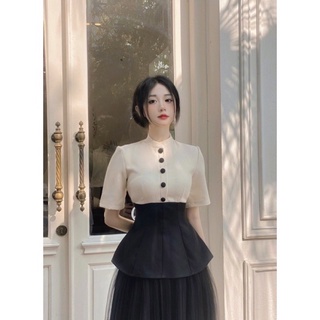Áo công nương phối màu cúc bọc sang trọng