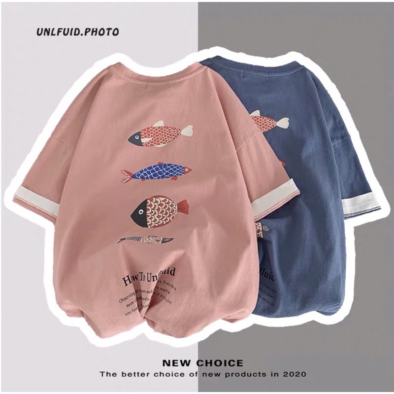 Áo thun tay lỡ form rộng phối tay in hoạ tiết chú cá - Unisex nam nữ đều mặc được