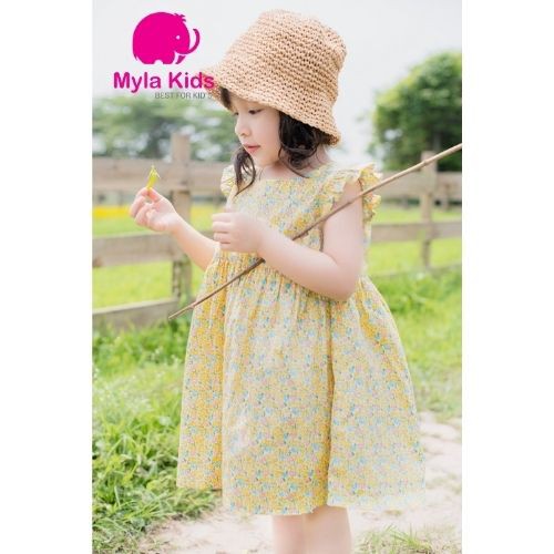 Đầm bé gái họa tiết hoa nhí màu vàng tay cánh tiên chất liệu thô cotton an toàn cho da bé 1-2-3-4-5-6-7-8-9-10 tuổi Myla