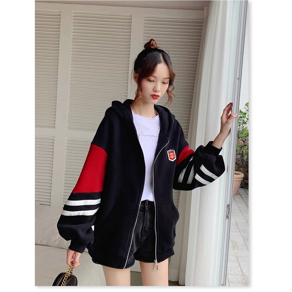 ÁO KHOÁC HOODIE NỮ DÂY KÉO PHỐI HUY HIỆU THỜI TRANG