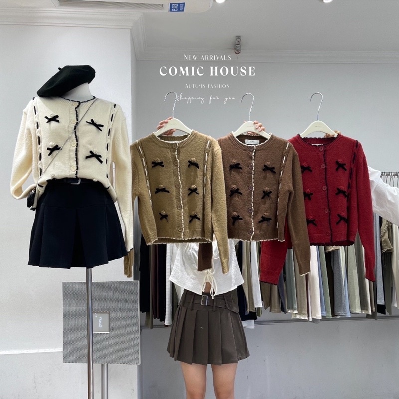 áo len cadigan nơ nhung Comic