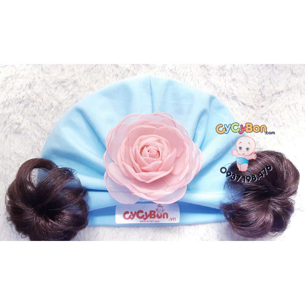 Nón Mũ Turban Cho Bé Gái Màu Xanh Ngọc Đính Bông Hồng Ruốc Chất Vải Cotton Có Size Cho Bé Từ Sơ Sin