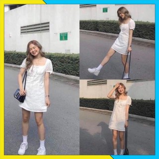 [HÀNG CAO CẤP] Đầm Trắng Owen Dress váy xinh chất vải kate kèm lớp lót dày dặn tay bèo có dây thắt cột nơ