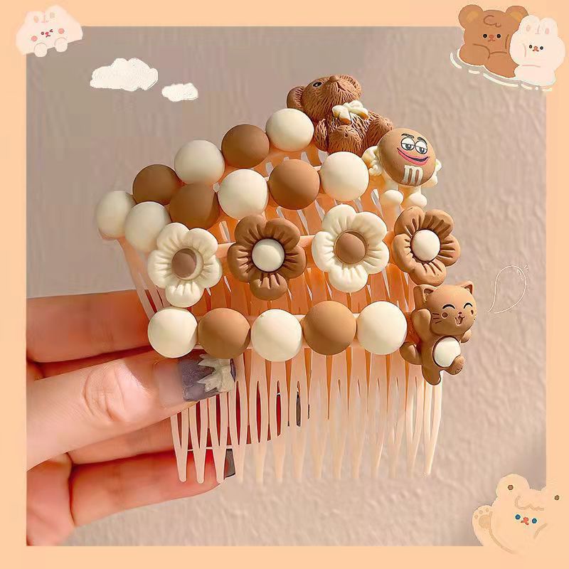 Lược cài tóc gấu hoa thỏ NÂU BE PASTEL đáng yêu dễ thương CA19